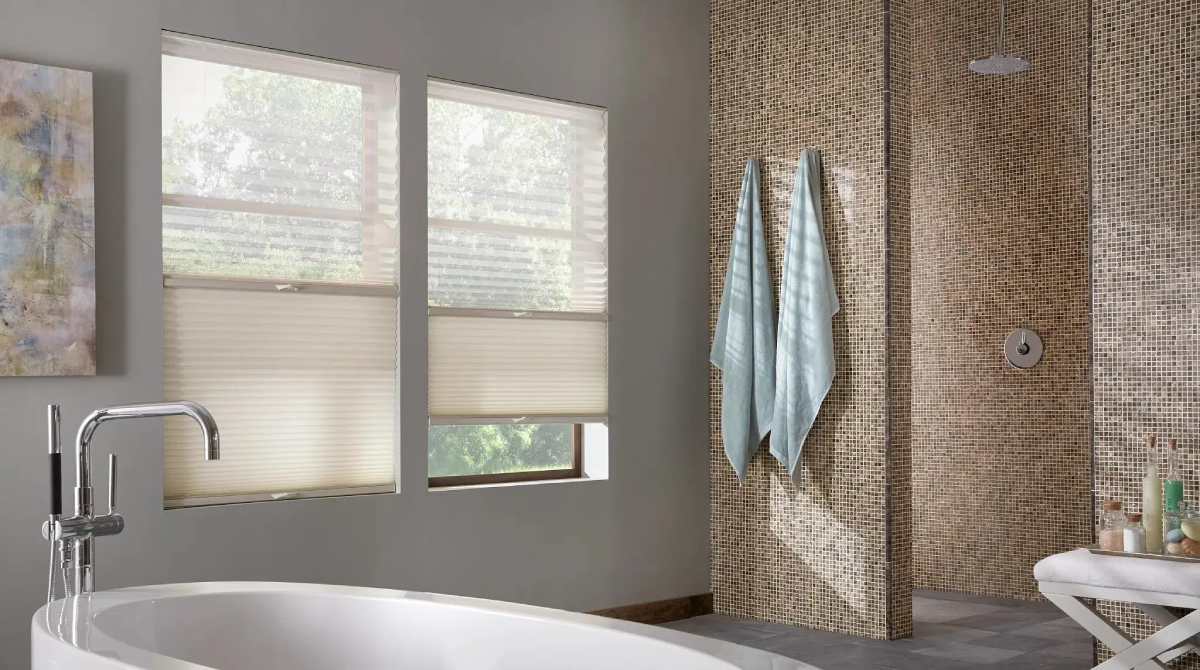 Custom woven shades in a bathroom near Clayton, NC